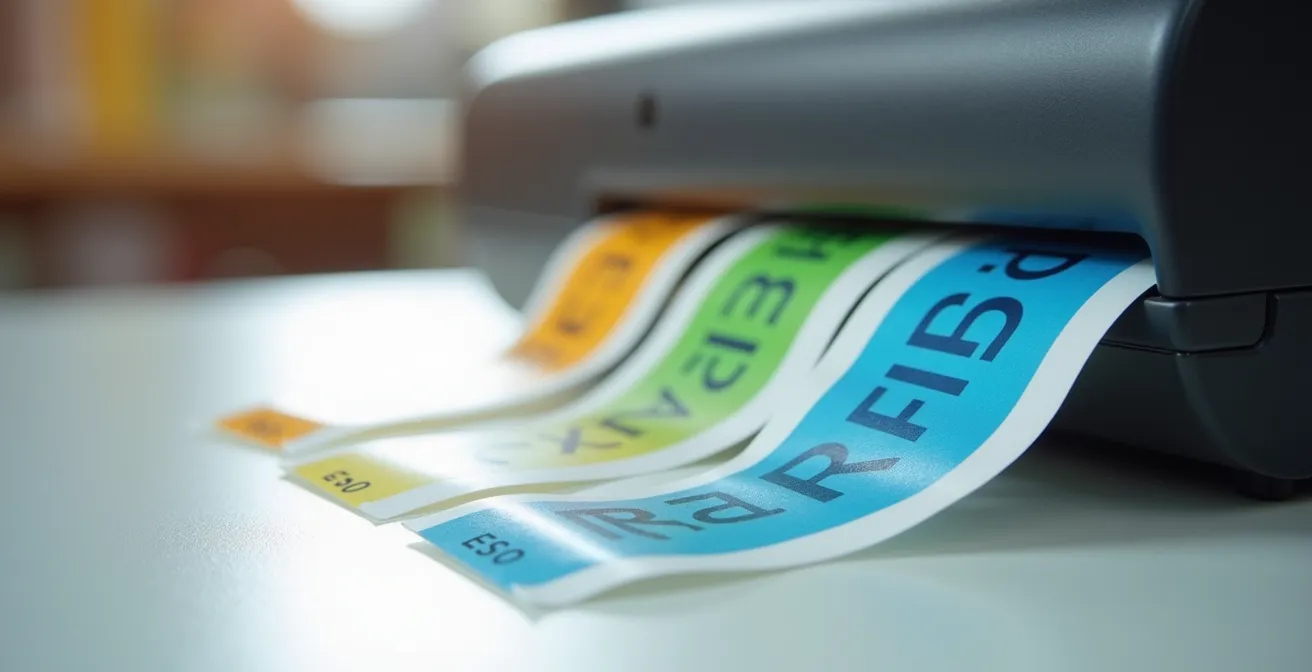 Sistema de impresión de etiquetas de lomo con impresora térmica y códigos de colores para biblioteca escolar