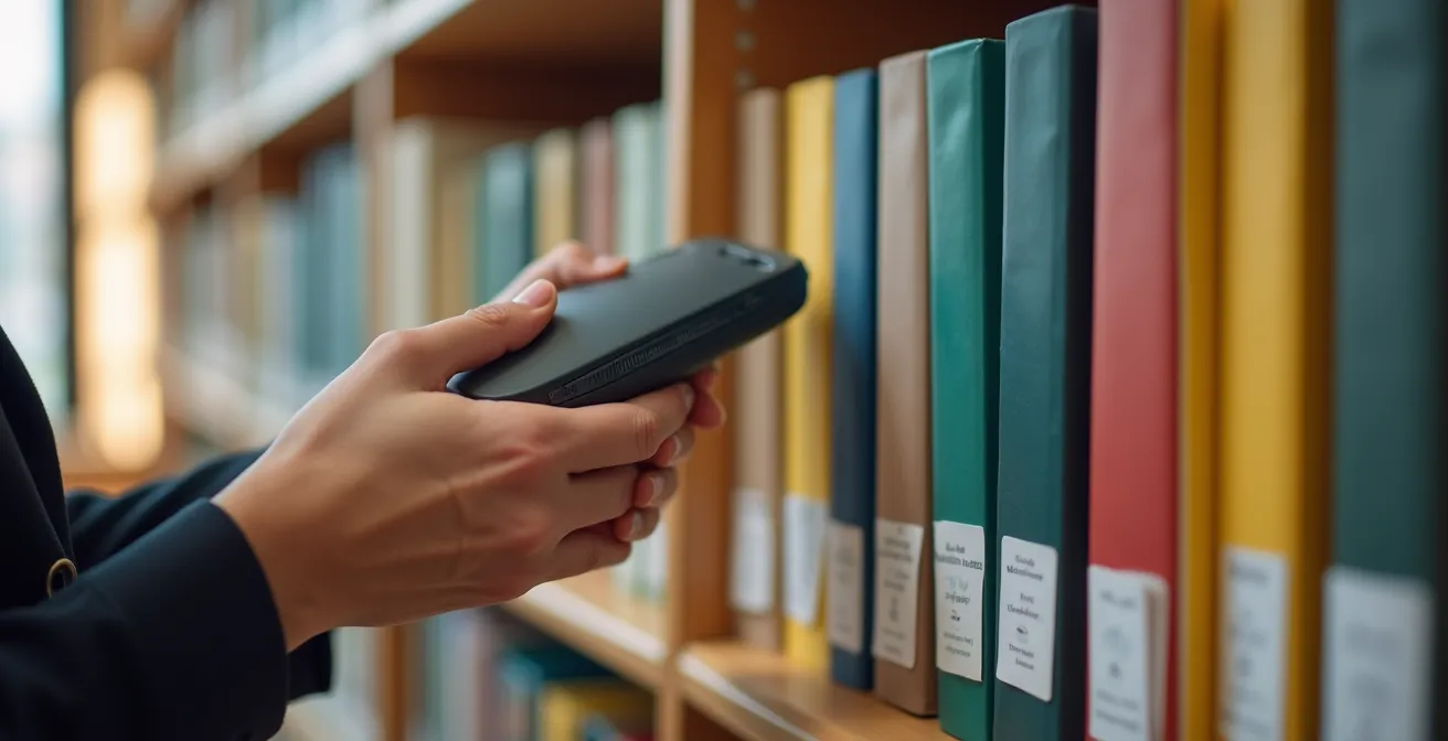 Mano sosteniendo lector RFID portátil escaneando libros en estantería de biblioteca escolar