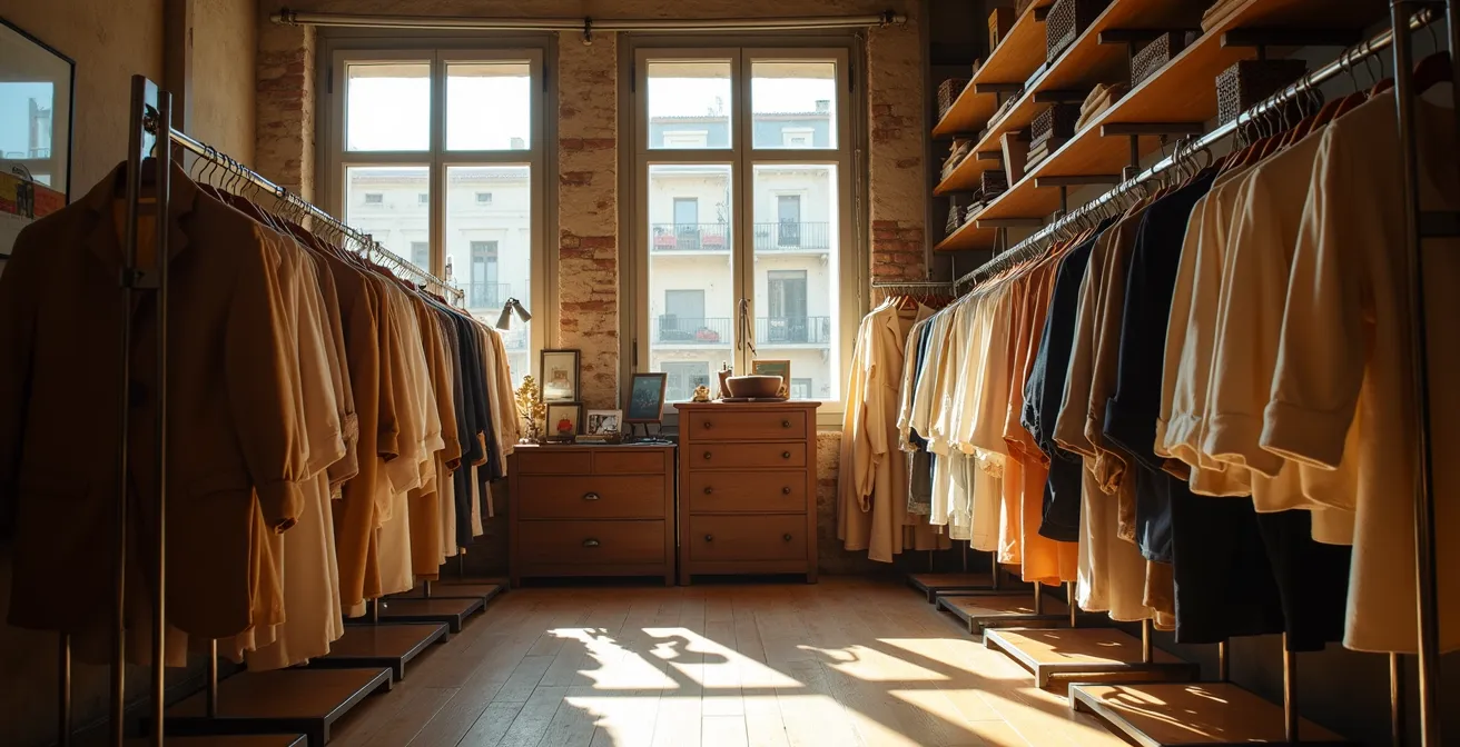 Interior de tienda vintage con ropa de segunda mano seleccionada
