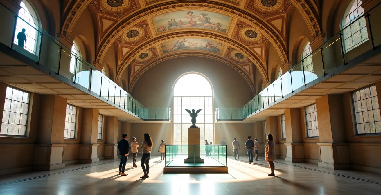 Interior de un palacio histórico convertido en museo moderno con visitantes