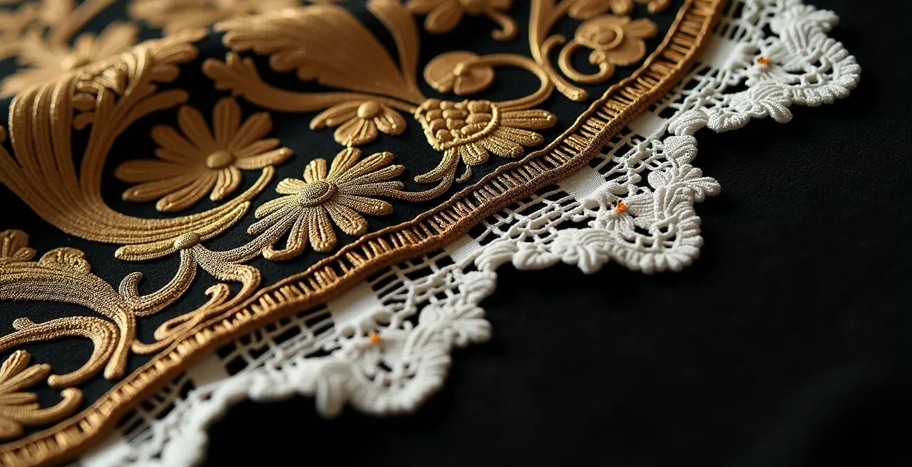 Detalle macro de tejidos negros y brocados del Siglo de Oro español con texturas visibles