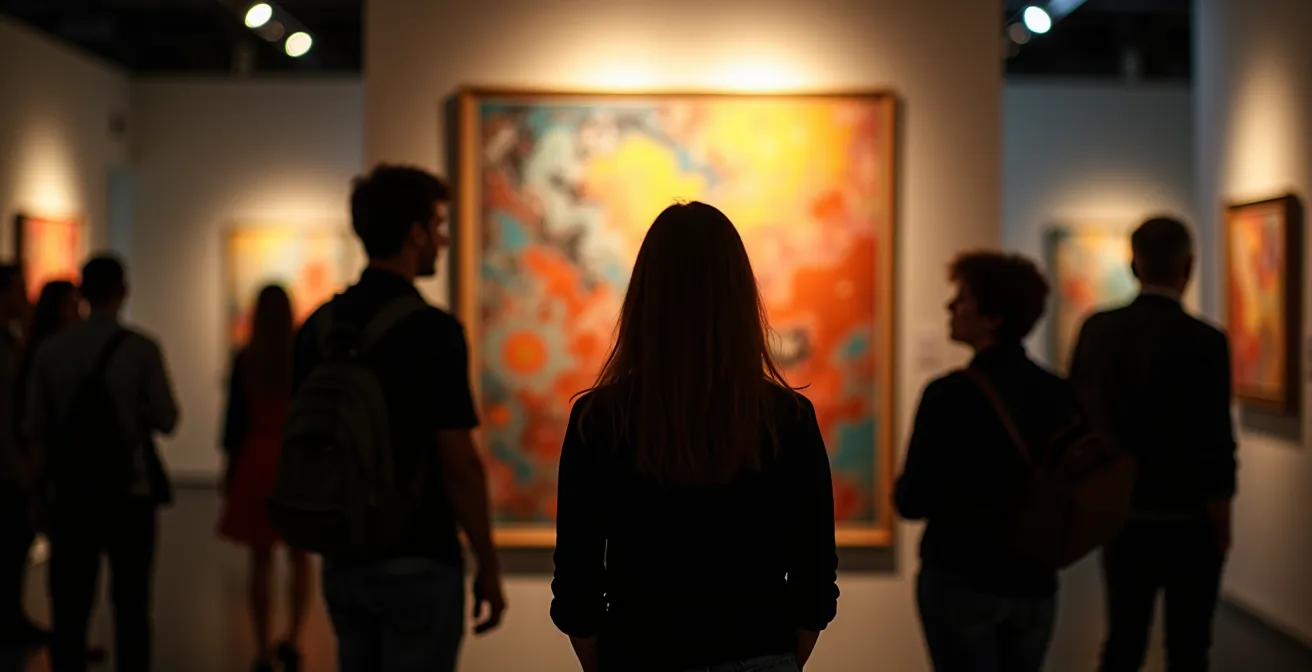 Persona contemplando obra de arte en stand de feria con iluminación profesional